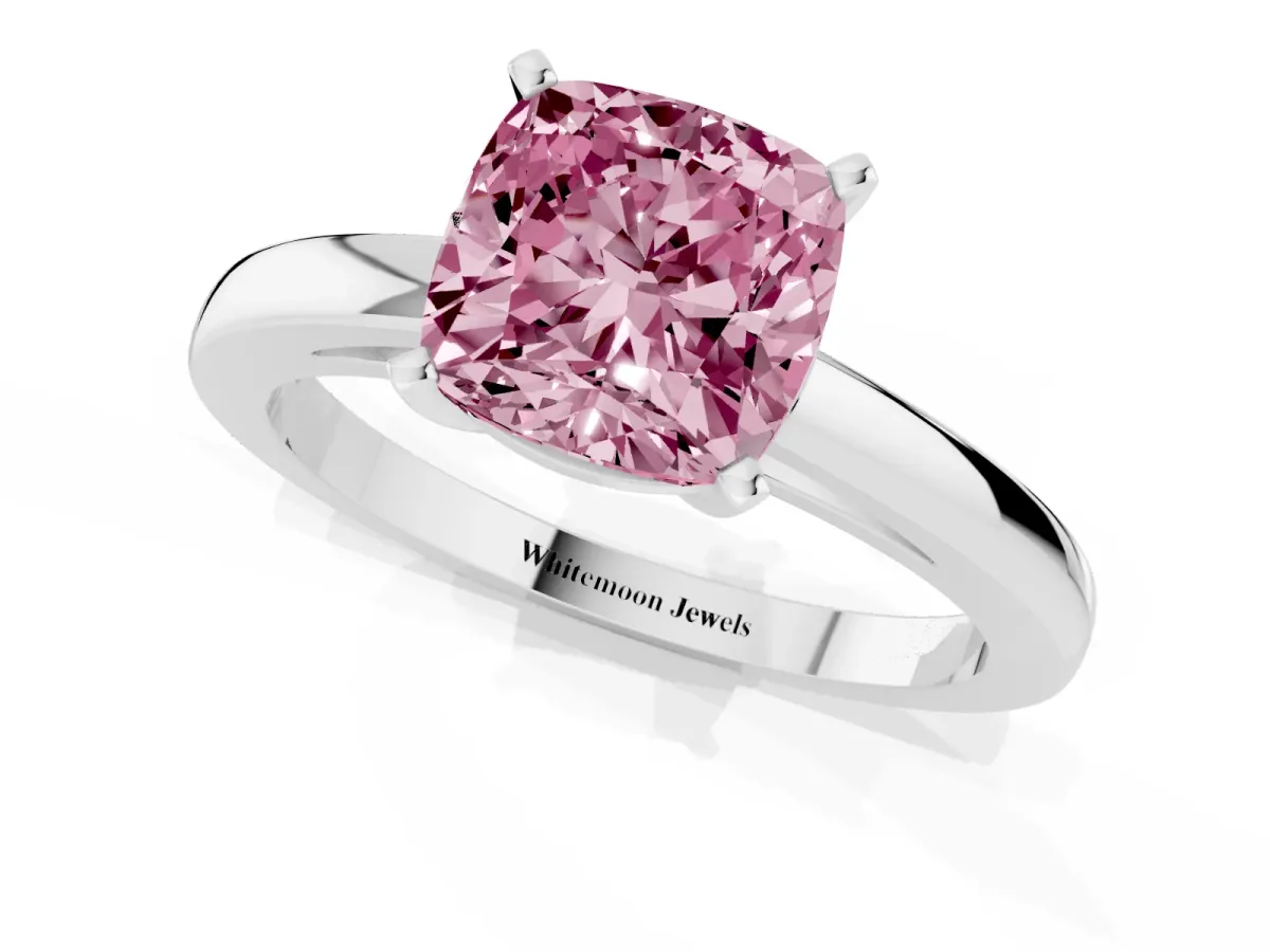 Fancy Pink Cushion Cut Solitaire Diamond Engagement Ring with Four-Prong Setting on a Classic Band White gold