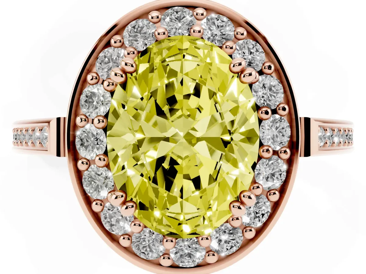 Fancy Yellow Oval Cut Diamond Halo Ring with Split Shank and Four-Prong Setting Rose gold