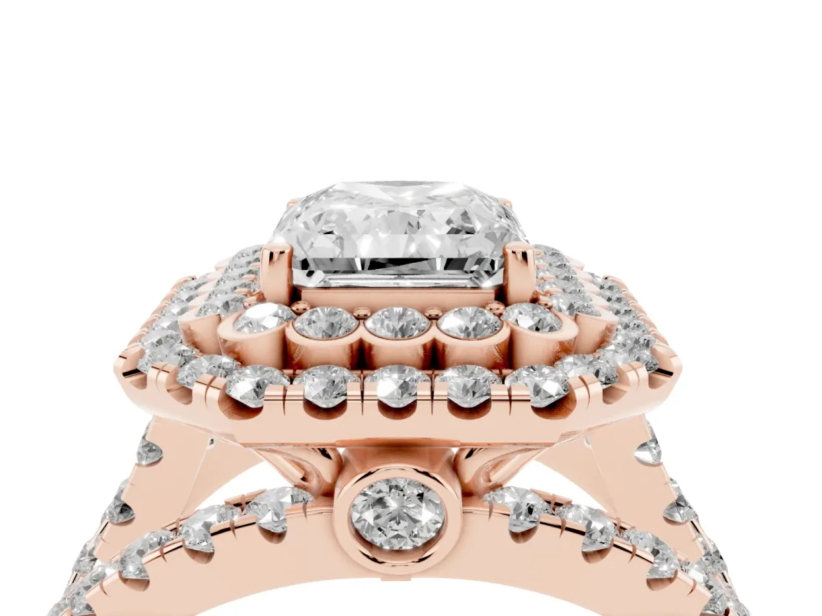 Radiant Cut Diamond Double Halo Ring with Round Pavé Split Shank and Prong Setting Rose gold