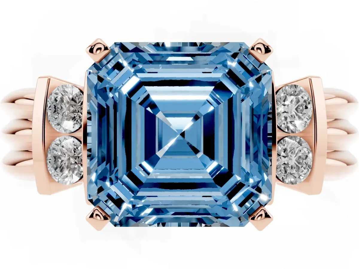 Fancy Blue Asscher Cut Cut Three-Stone Channel Set Ring with Bar Prongs Rose gold