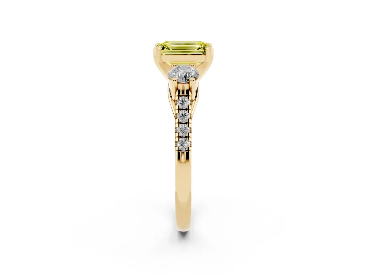 Fancy Yellow Three-Stone Emerald Cut Diamond Pavé Band with Four-Prong Setting Yellow gold