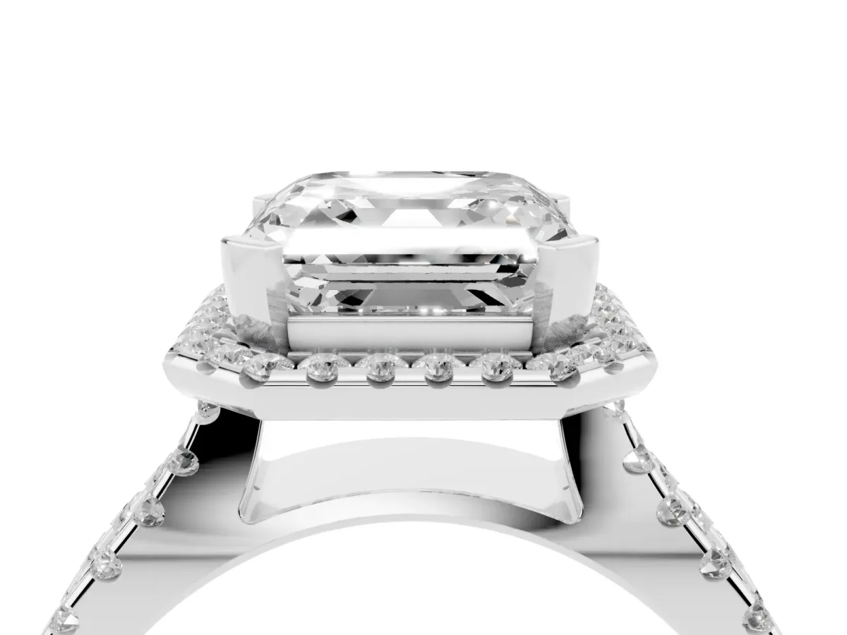 Asscher Cut Diamond Halo Ring with Split Shank Pavé Band and Prong Setting Silver