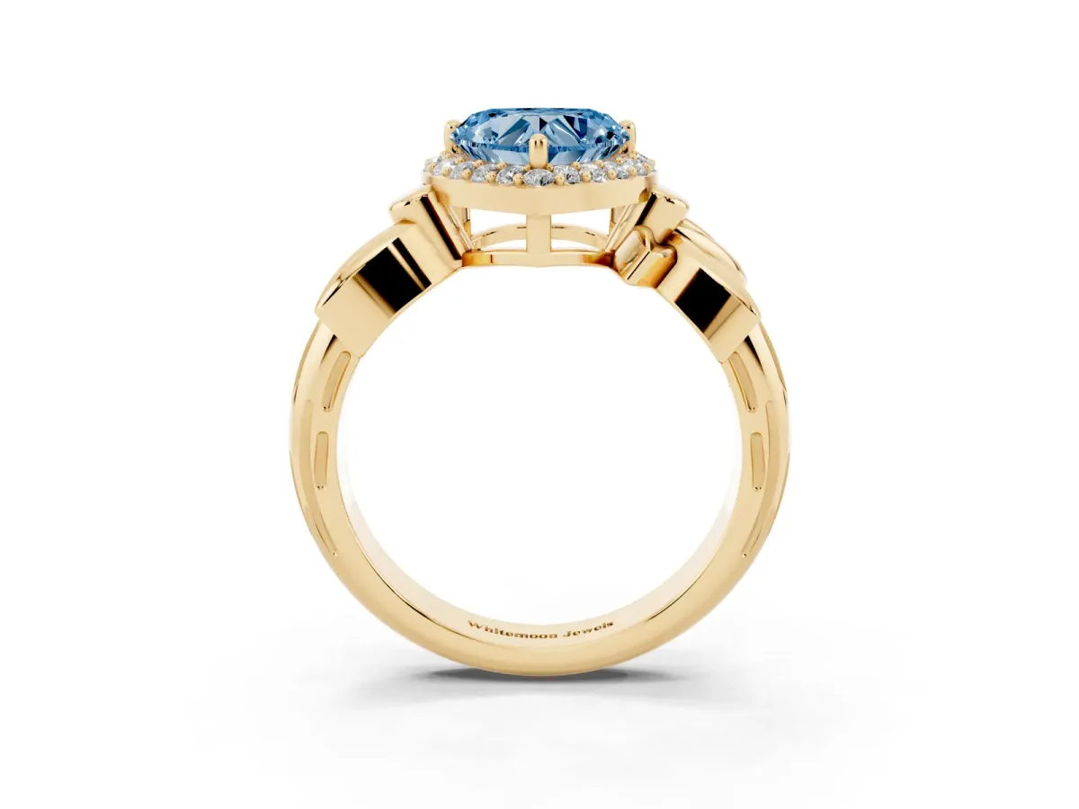 Fancy Blue Heart Cut Halo Diamond Floral Band with Four-Prong Setting Yellow gold