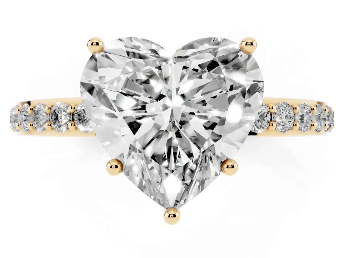 Heart Cut Diamond Solitaire Ring with Pavé Band and Hidden Halo Yellow gold
