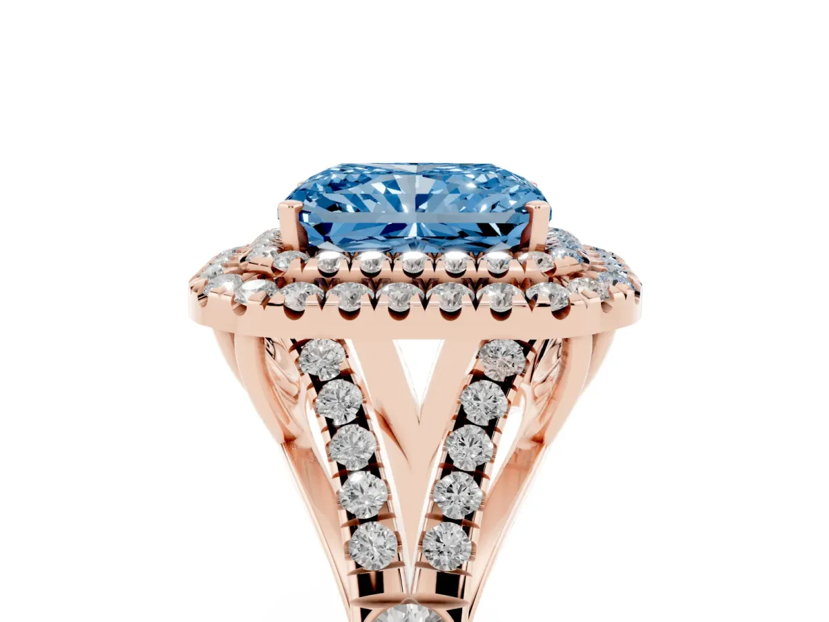 Fancy Blue Double Halo Radiant Cut Diamond Split Shank Engagement Ring with Four-Prong Setting Rose gold