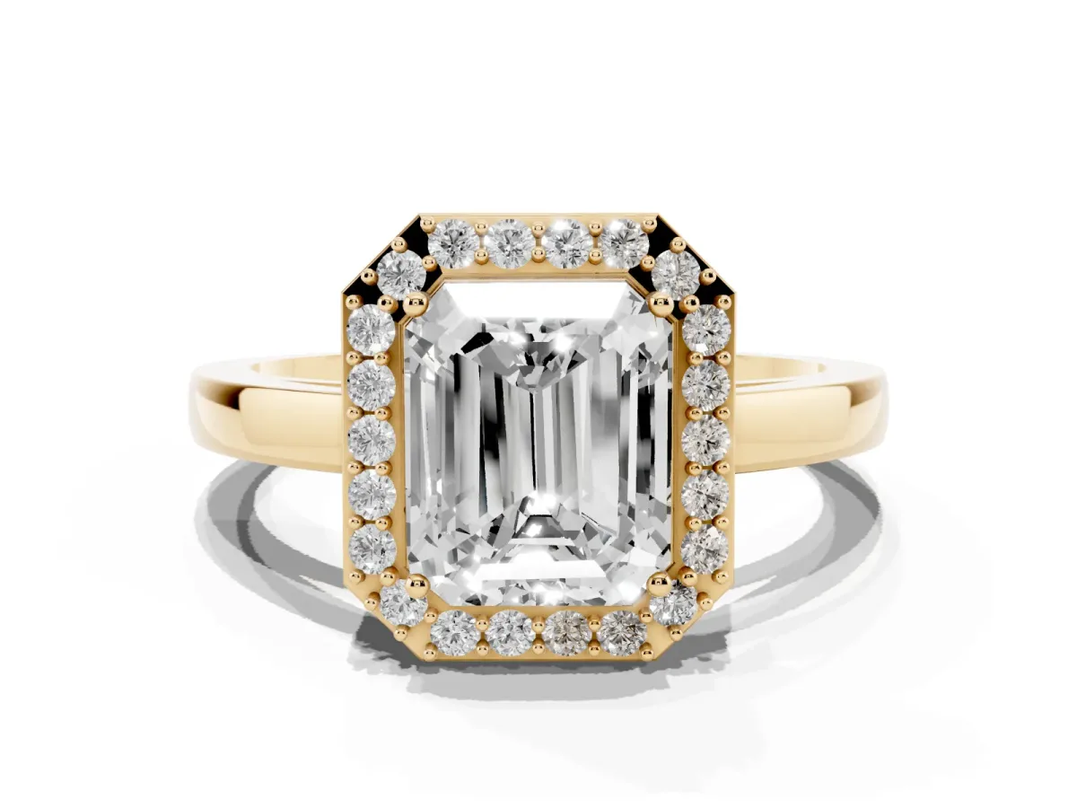 Radiant Cut Halo Diamond Ring with Solitaire Band and Prong Setting Yellow gold