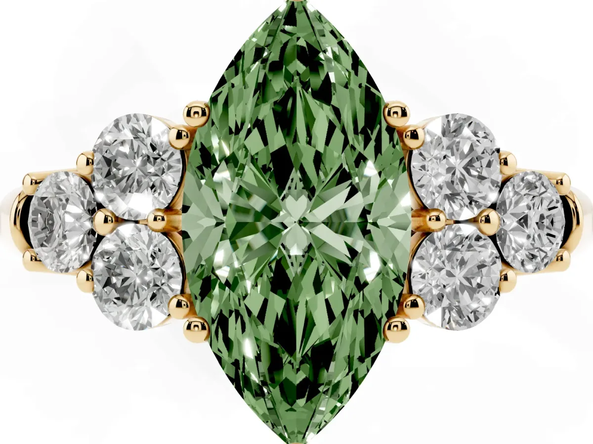 Fancy Green Marquise Cut Cut Diamond Cluster Ring with Round Accent Stones and Prong Setting on a Classic Band Yellow gold