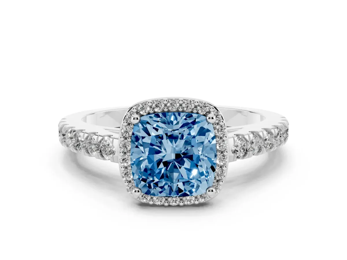 Fancy Blue Cushion Cut Cut Halo Diamond Engagement Ring with Pave Band and Four-Prong Setting Silver
