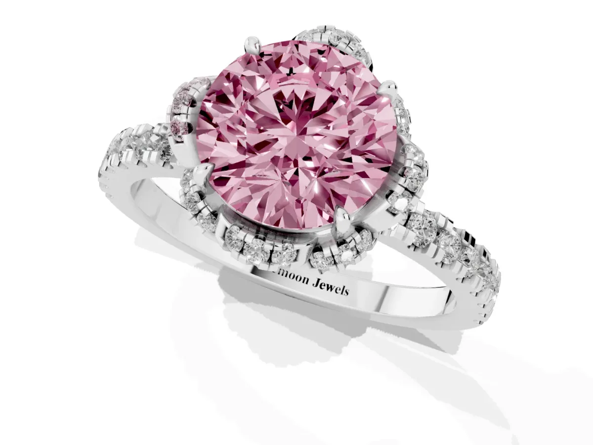 Fancy Pink Round Cut Diamond Halo Pave Band with Four-Prong Setting Silver