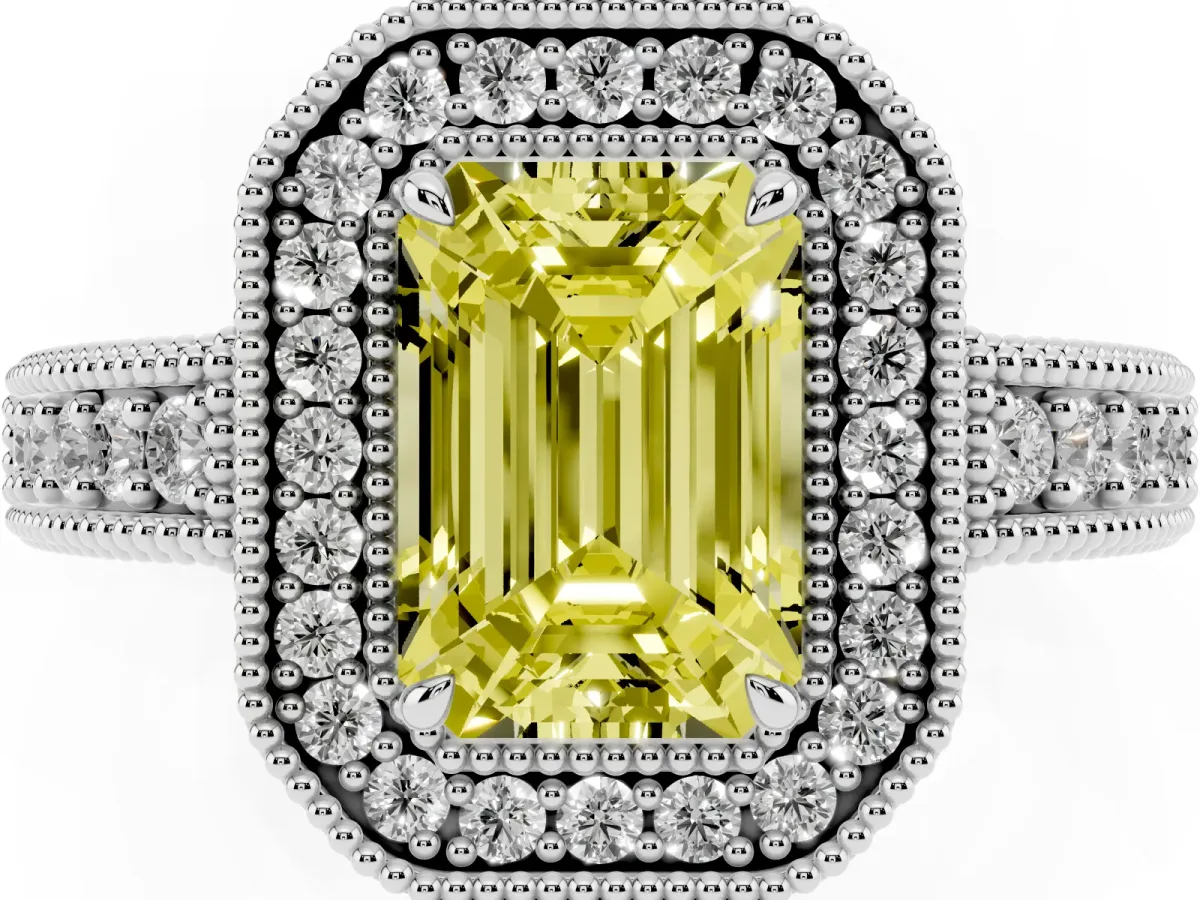 Fancy Yellow Emerald Cut Cut Halo Diamond Ring with Pavé Band and Four-Prong Setting White gold