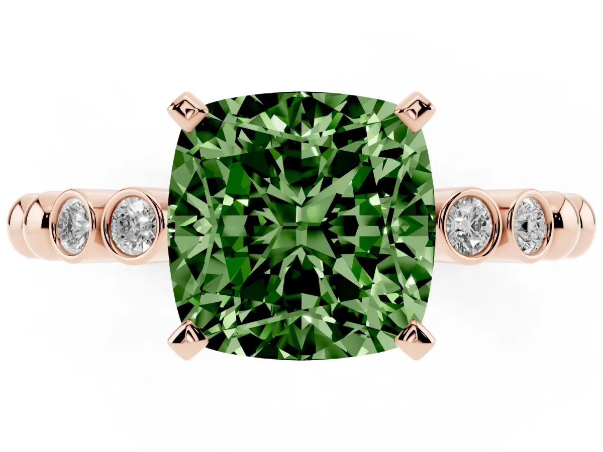 Fancy Green Cushion Cut Solitaire Bezel Accent Diamond Engagement Ring with Beaded Band and Four-Prong Setting Rose gold