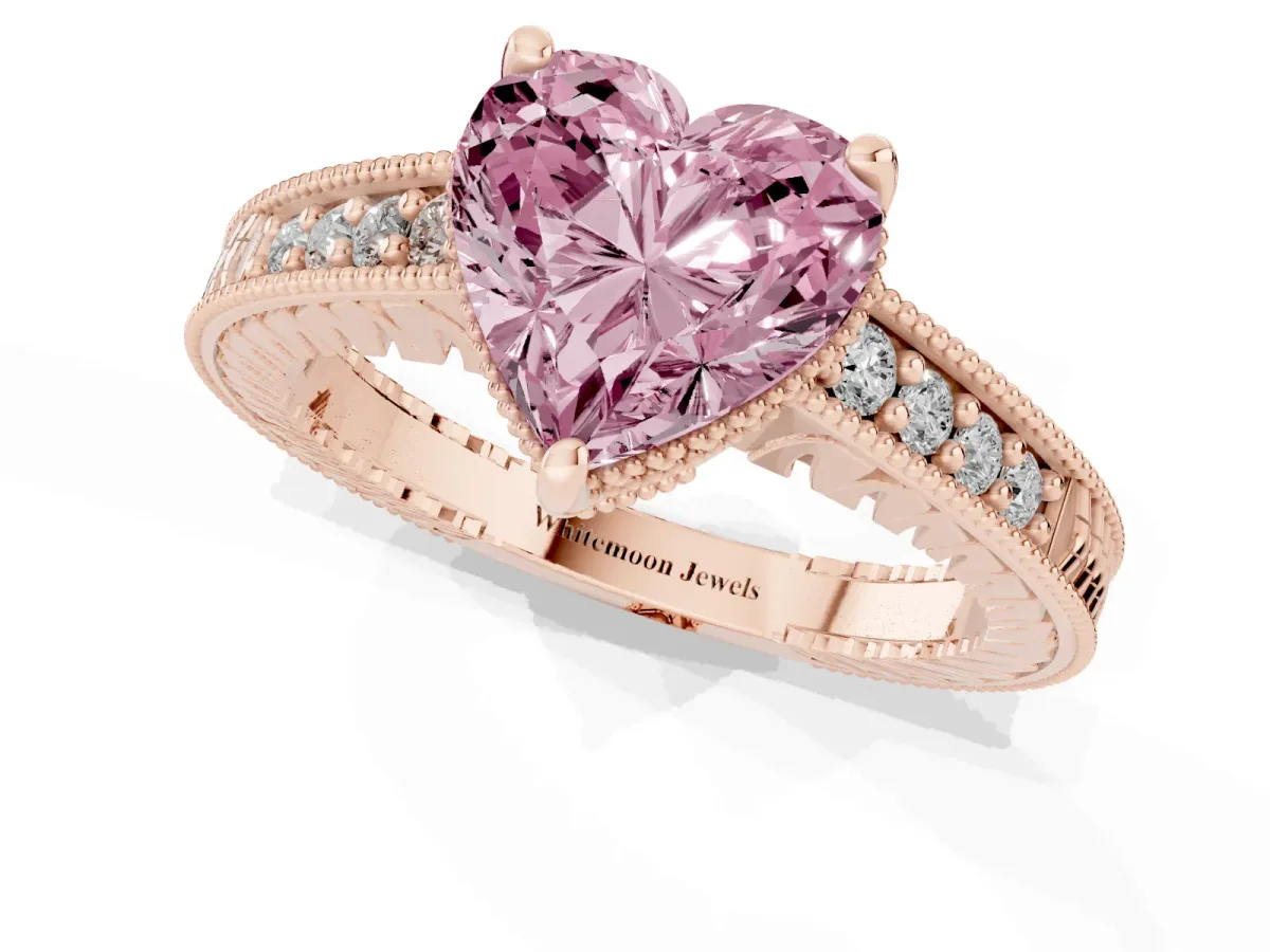 Fancy Pink Heart Cut Solitaire Pavé Diamond Milgrain Engagement Ring with Four-Prong Setting Rose gold