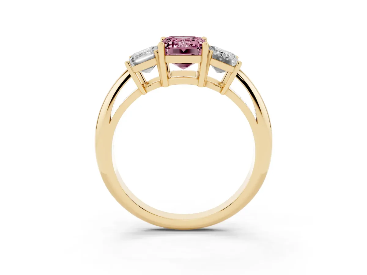 Fancy Pink Three-Stone Emerald Cut Cut Diamond Engagement Ring with Prong Setting on a White Gold Band Yellow gold