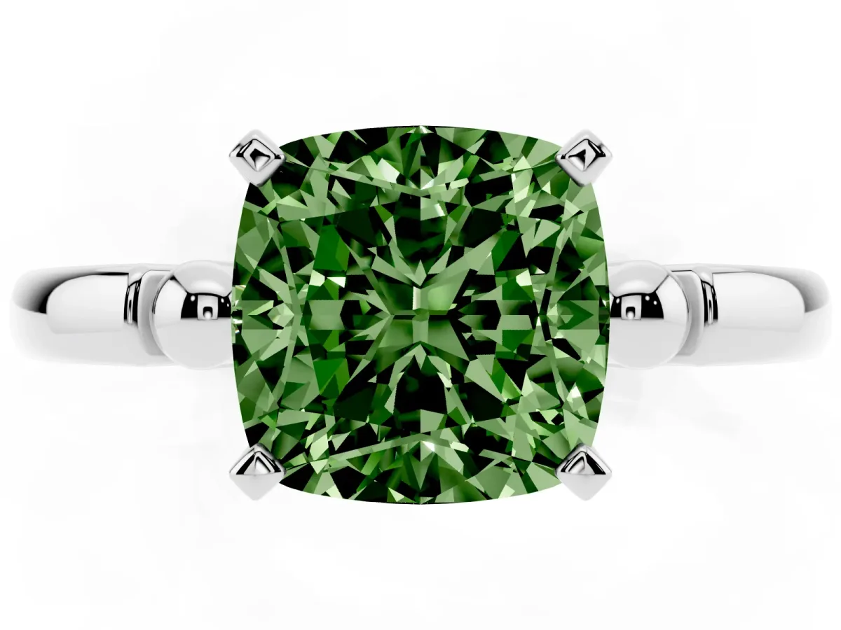 Fancy Green Cushion Cut Solitaire Beaded Band with Four-Prong Setting Silver