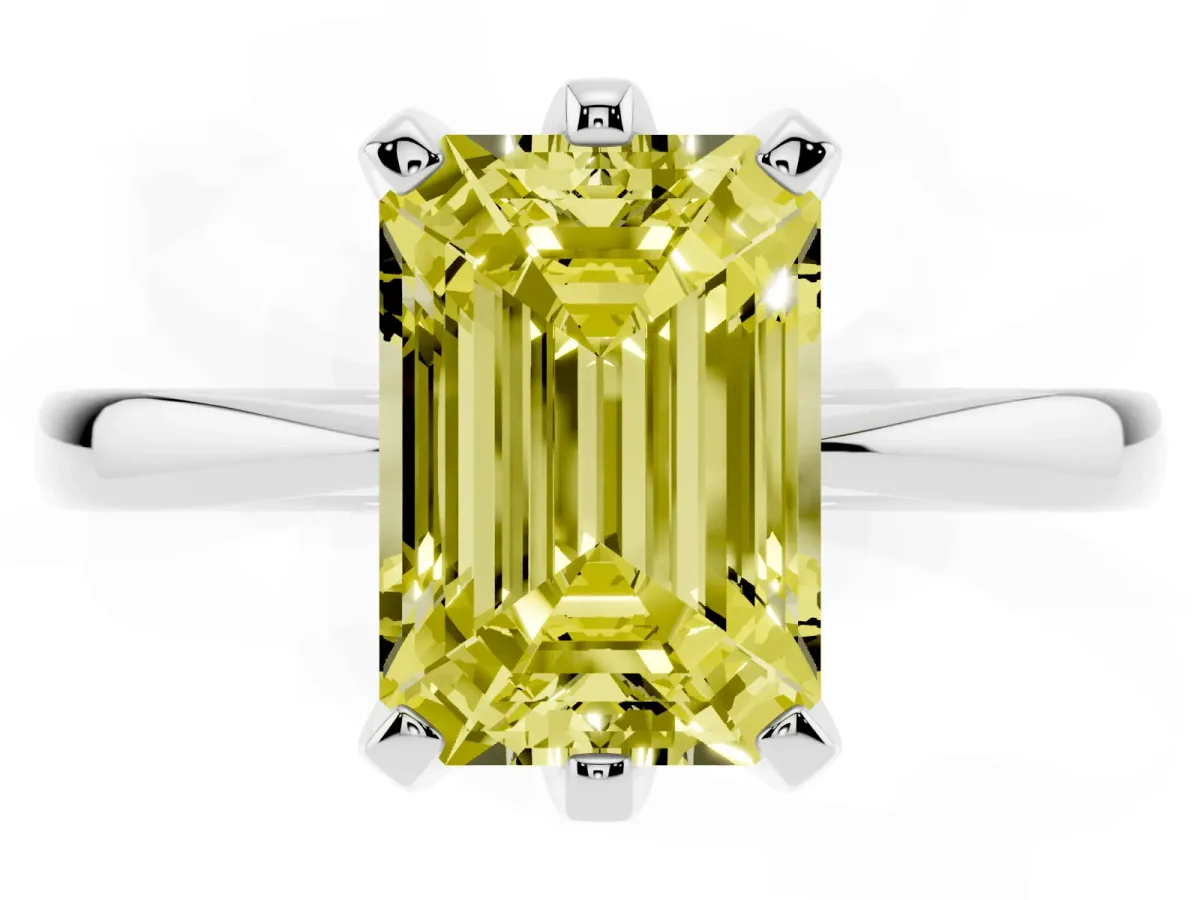 Fancy Yellow Emerald Cut Solitaire Engagement Ring with Six-Prong Setting and Tapered Band Silver
