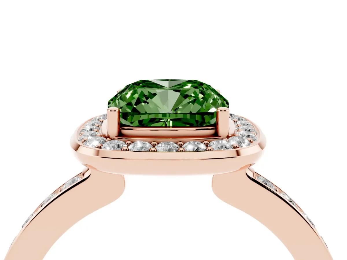 Fancy Green Cushion Cut Diamond Halo Ring with Bezel Frame and Pavé Band Rose gold