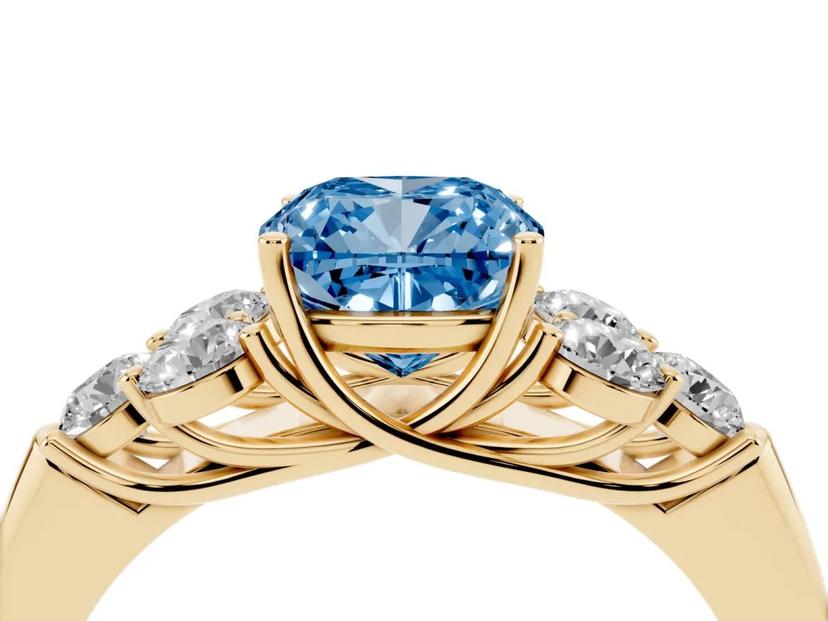 Fancy Blue Cushion Cut Cut Diamond Cluster Ring with Round Accent Stones and Prong Setting on a Classic Band Yellow gold
