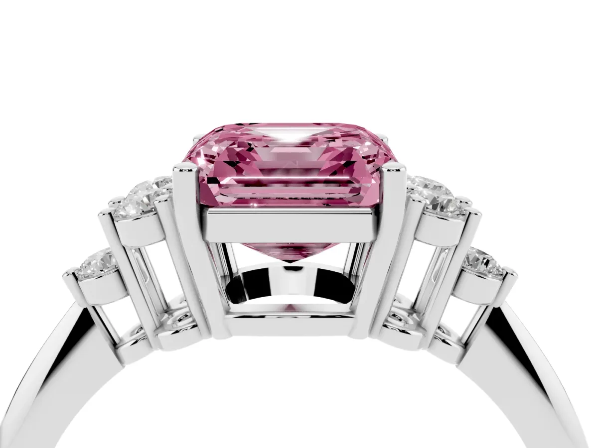 Fancy Pink Asscher Cut Cut Diamond Cluster Ring with Solitaire Band and Four-Prong Setting Silver