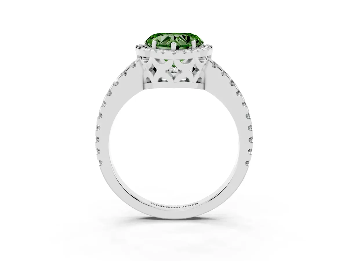 Fancy Green Heart Cut Diamond Halo Engagement Ring with Pavé Band and Prong Setting White gold