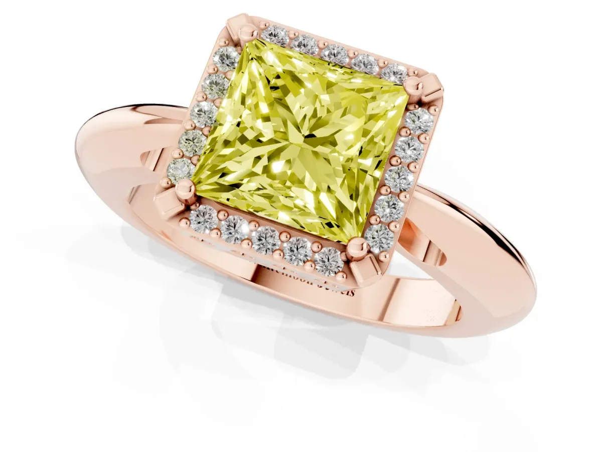 Fancy Yellow Princess Cut Cut Diamond Halo Engagement Ring with Split Shank and Four-Prong Setting Rose gold