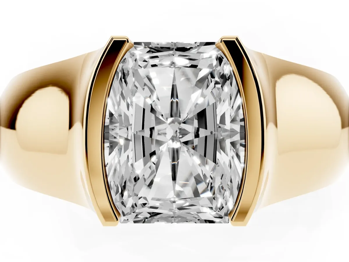 Radiant Cut Solitaire Bezel Set Diamond Ring with Wide Band Yellow gold