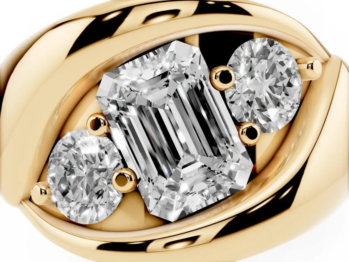 Channel Set Emerald Cut Diamond Crossover Band Yellow gold