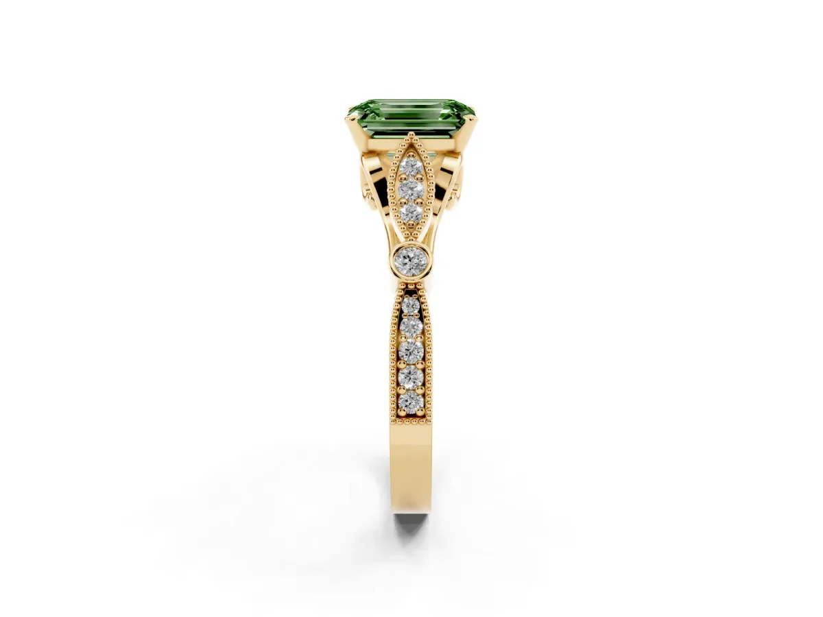 Fancy Green Emerald Cut Cut Diamond with Milgrain Marquise and Bezel Accents on a Solitaire Band with Prong Setting Yellow gold