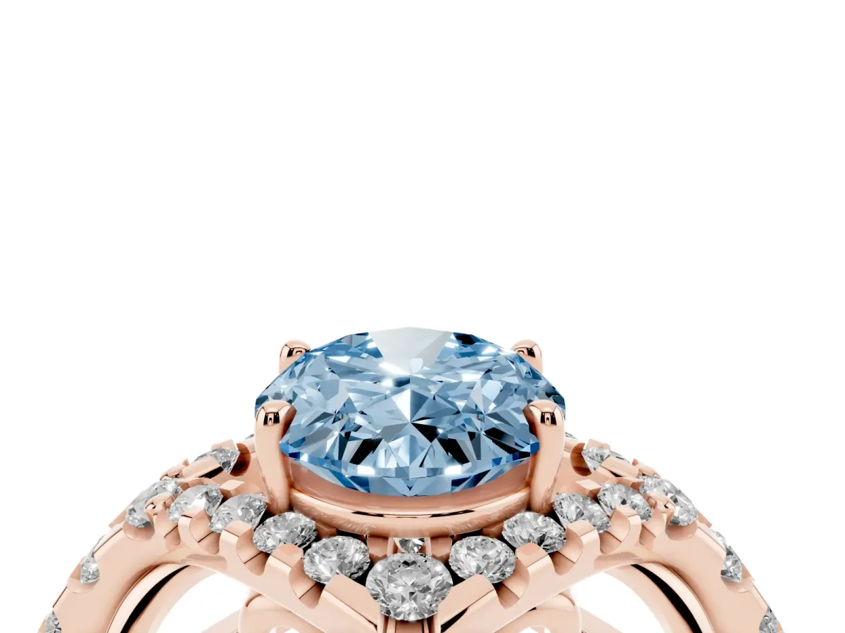 Fancy Blue Oval Cut Diamond Solitaire Ring with Hidden Halo and Pavé Band Rose gold