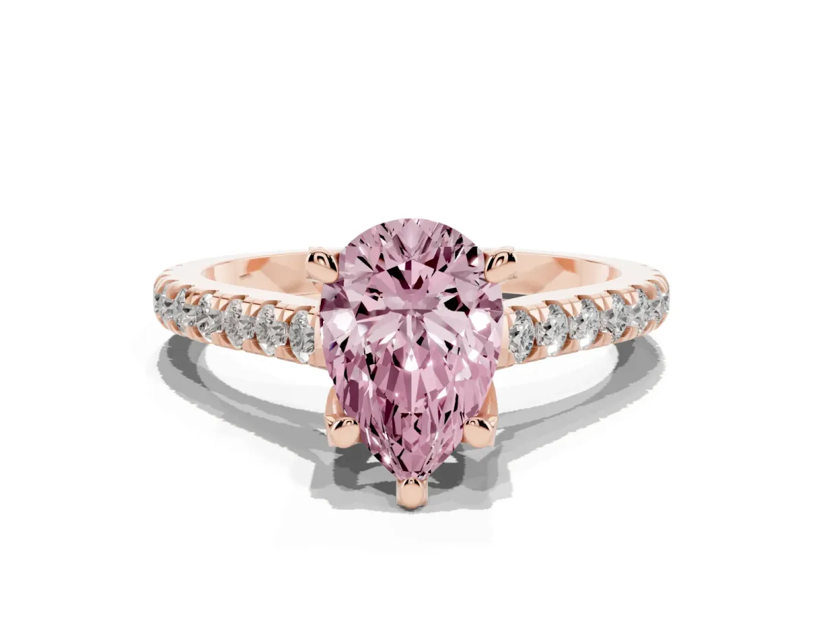 Fancy Pink Pear Cut Brilliant Diamond Solitaire with Pavé Band and Four-Prong Setting Rose gold