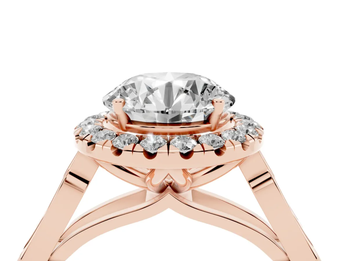 Round Cut Halo Diamond Engagement Ring with Filigree Band and Four-Prong Setting Rose gold