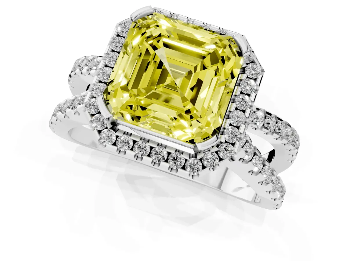 Fancy Yellow Asscher Cut Diamond Halo Ring with Split Shank Pavé Band and Prong Setting Silver