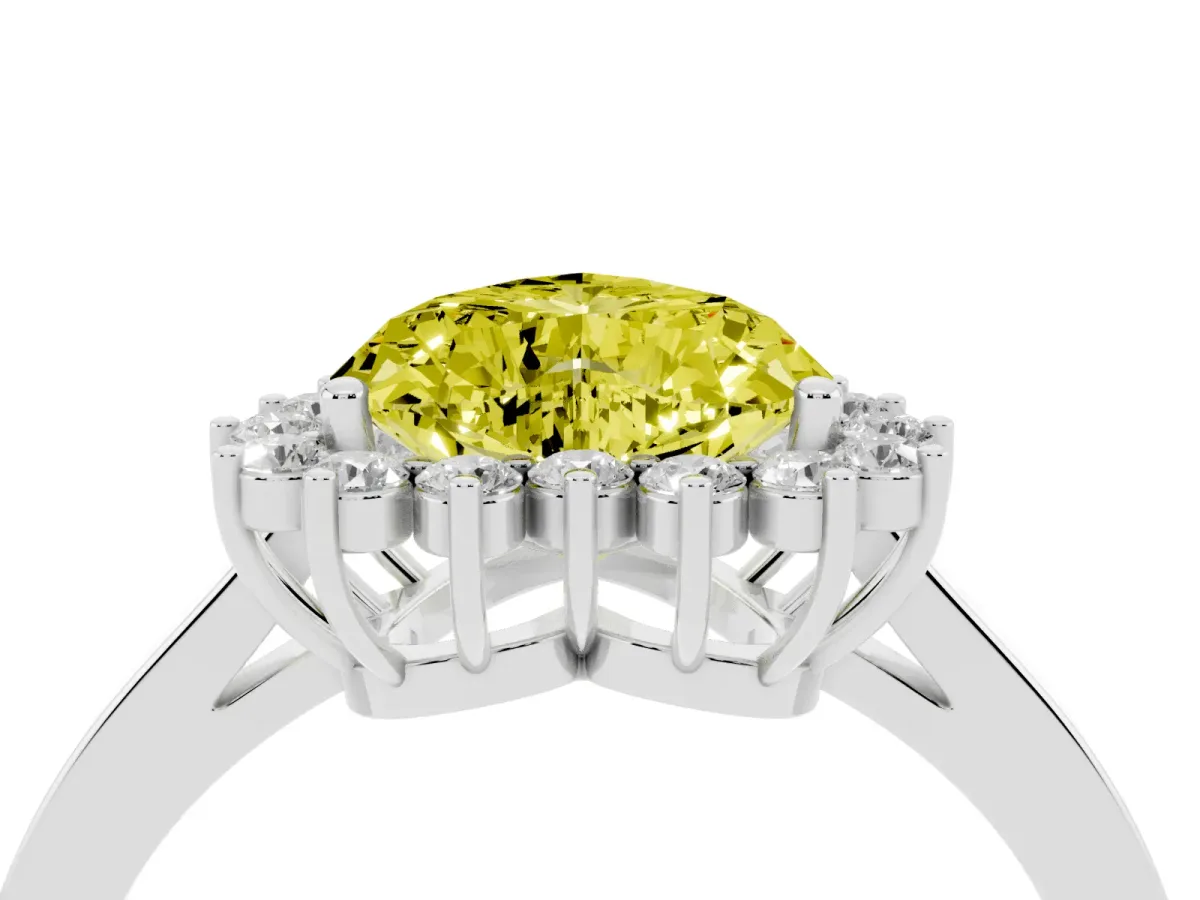 Fancy Yellow Heart Cut Cut Diamond Halo Ring with Round Brilliant Halo and Solitaire Band Silver