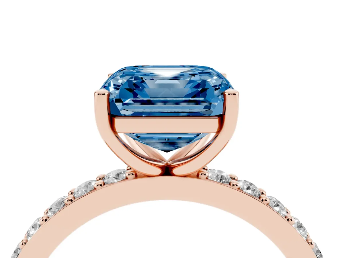 Fancy Blue Asscher Cut Cut Diamond Solitaire with Pave Band and Four-Prong Setting Rose gold