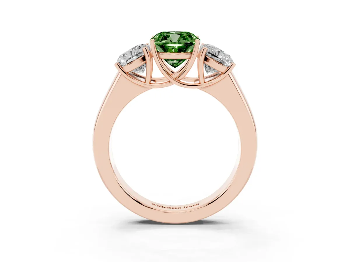 Fancy Green Three-Stone Cushion Cut Cut Diamond Ring with Prong Setting and Classic Band Rose gold