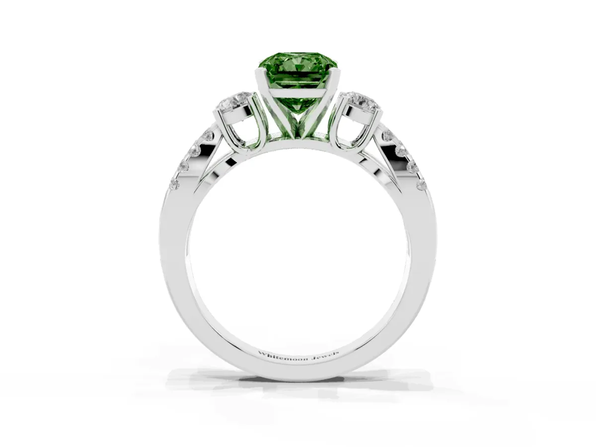 Fancy Green Radiant Cut Diamond Three-Stone Ring with Pavé Split Shank and Four-Prong Setting Silver