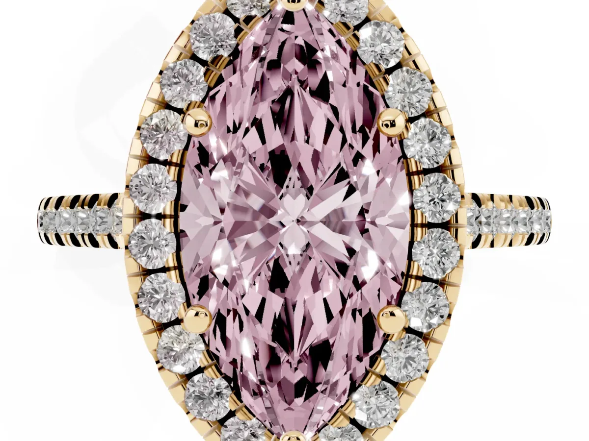 Fancy Pink Marquise Cut Diamond Cushion Halo Ring with Pavé Band Yellow gold