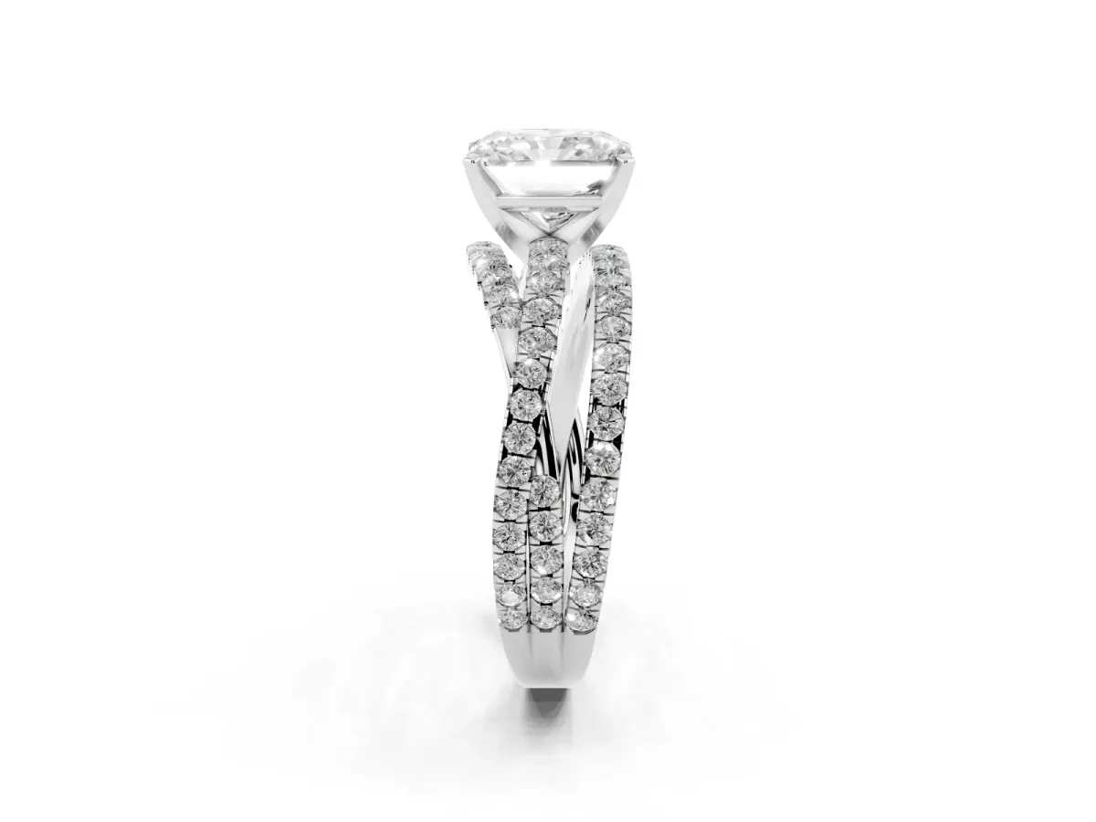 Radiant Cut Solitaire Twist Band with Pavé Setting and Four-Prong Setting Silver
