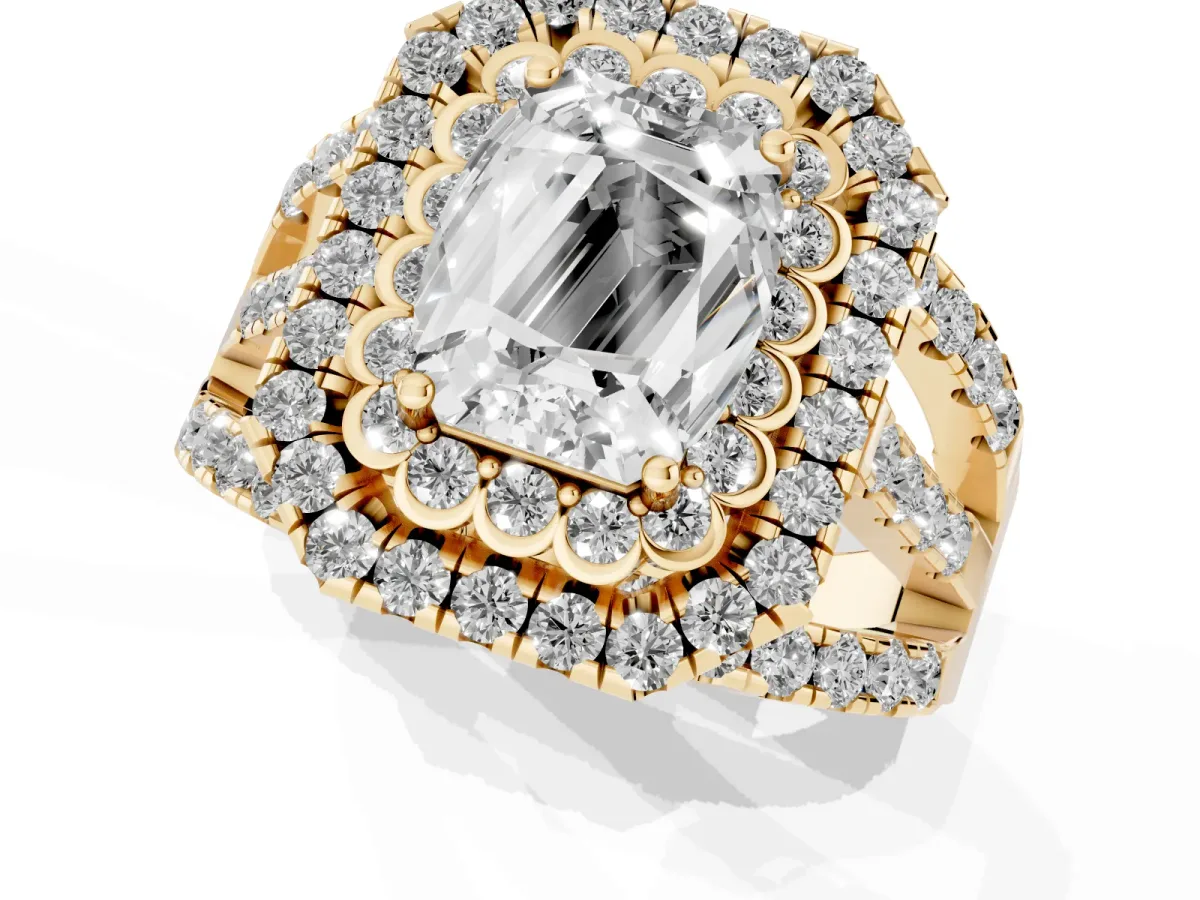 Emerald Cut Diamond Double Halo Ring with Round Pavé Split Shank and Prong Setting Yellow gold