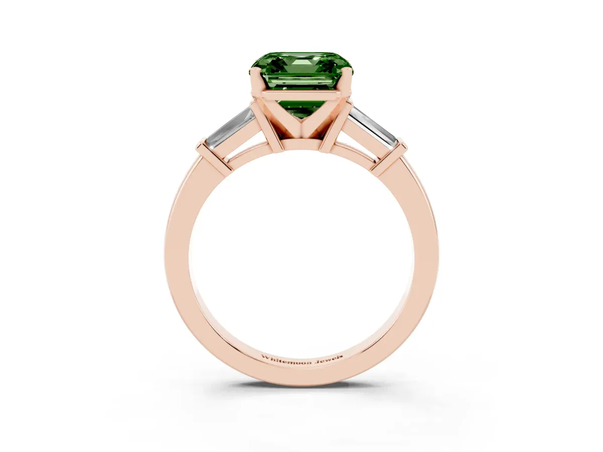 Fancy Green Asscher Cut Cut Diamond Solitaire Ring with Tapered Baguette Accents and Four-Prong Setting Rose gold