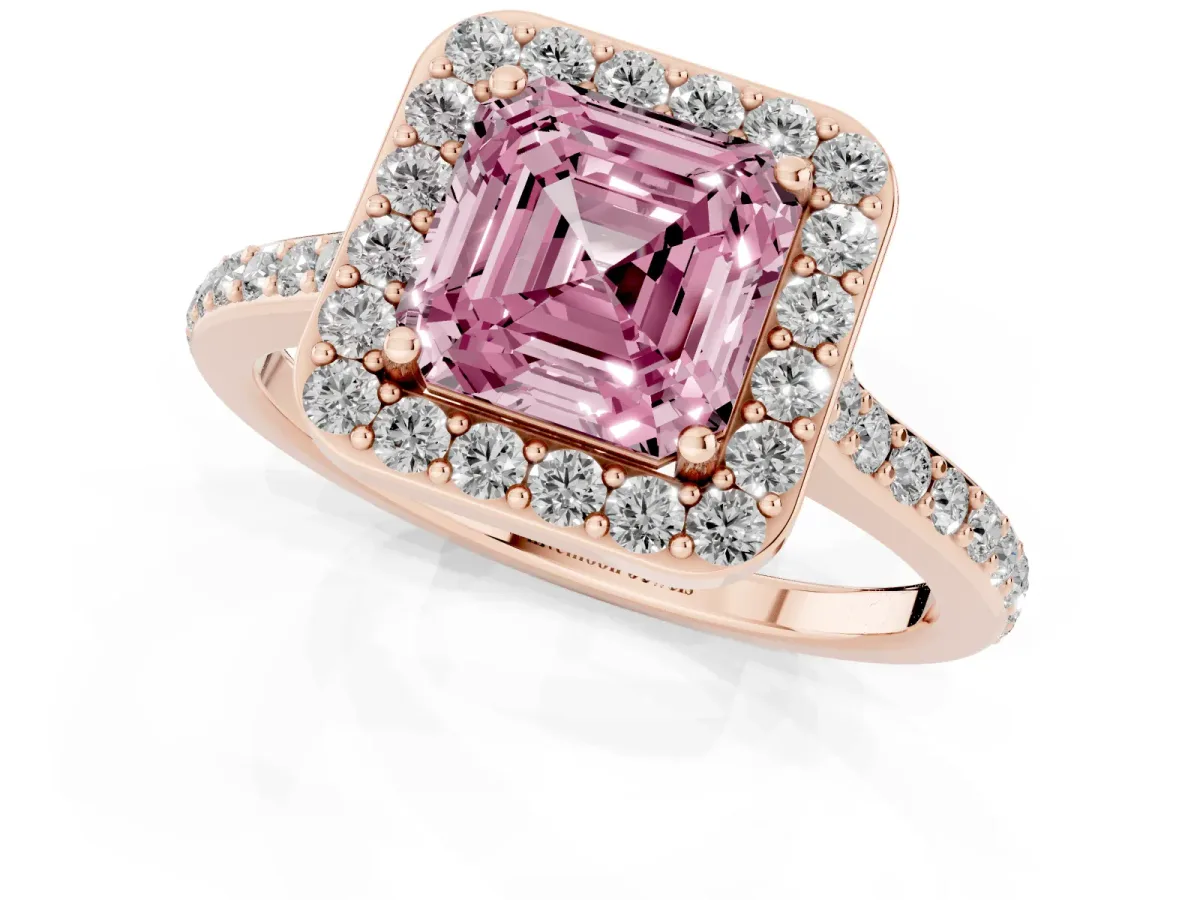 Fancy Pink Asscher Cut Diamond Halo Engagement Ring with Round Pavé Shoulders and Prong Setting Rose gold