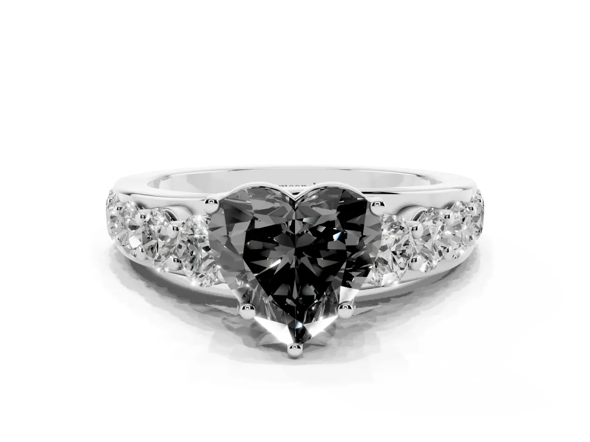 Fancy Black Heart Cut Diamond Engagement Ring with Pavé Band and Four-Prong Setting Platinum