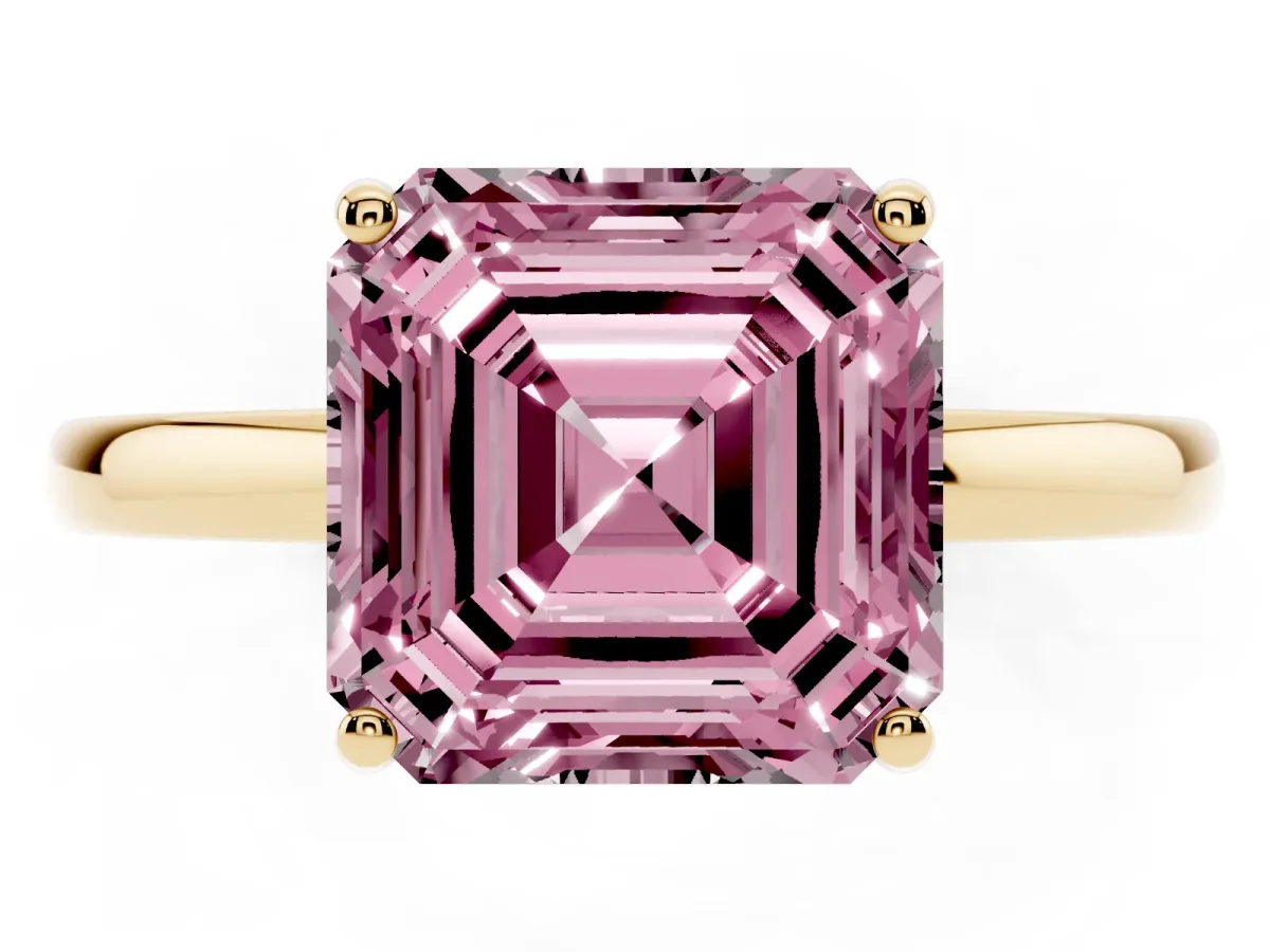 Fancy Pink Asscher Cut Solitaire Diamond Ring with Prong Setting and Plain Band Yellow gold