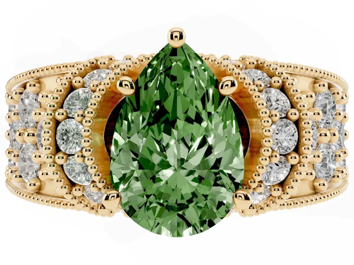 Fancy Green Pear Cut Halo Pave Diamond Engagement Ring with Milgrain Detailing Yellow gold