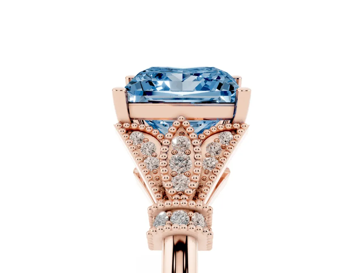 Fancy Blue Princess Cut Diamond Solitaire Ring with Floral Filigree and Pave Accents Rose gold