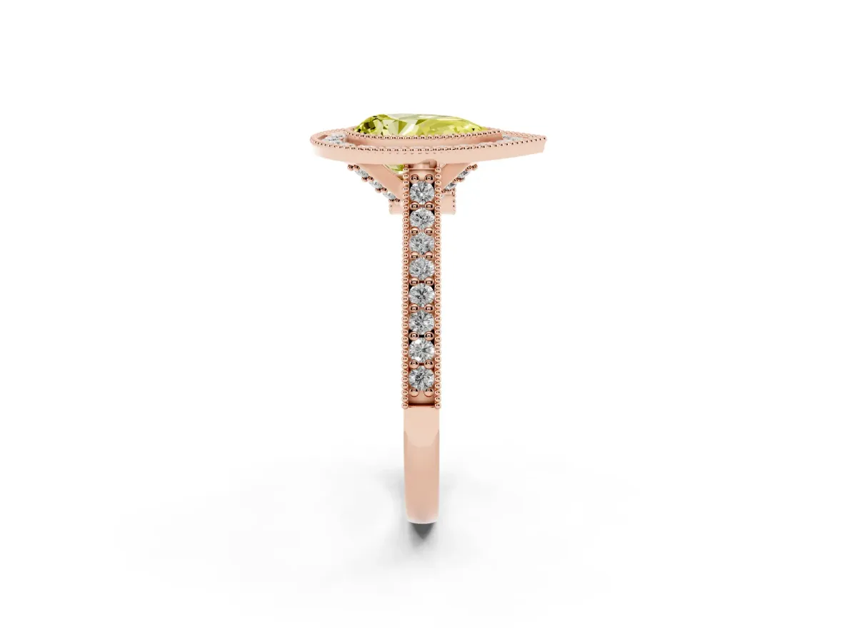 Fancy Yellow Halo Pear Cut-Cut Diamond Pave Band Milgrain Prong Setting Ring Rose gold