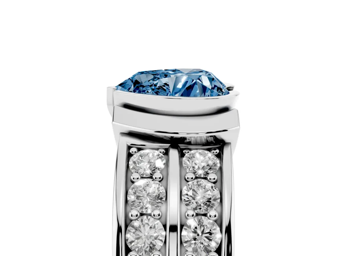 Fancy Blue Heart Cut Brilliant Diamond Channel Set Wide Band Ring with Bezel Setting Silver