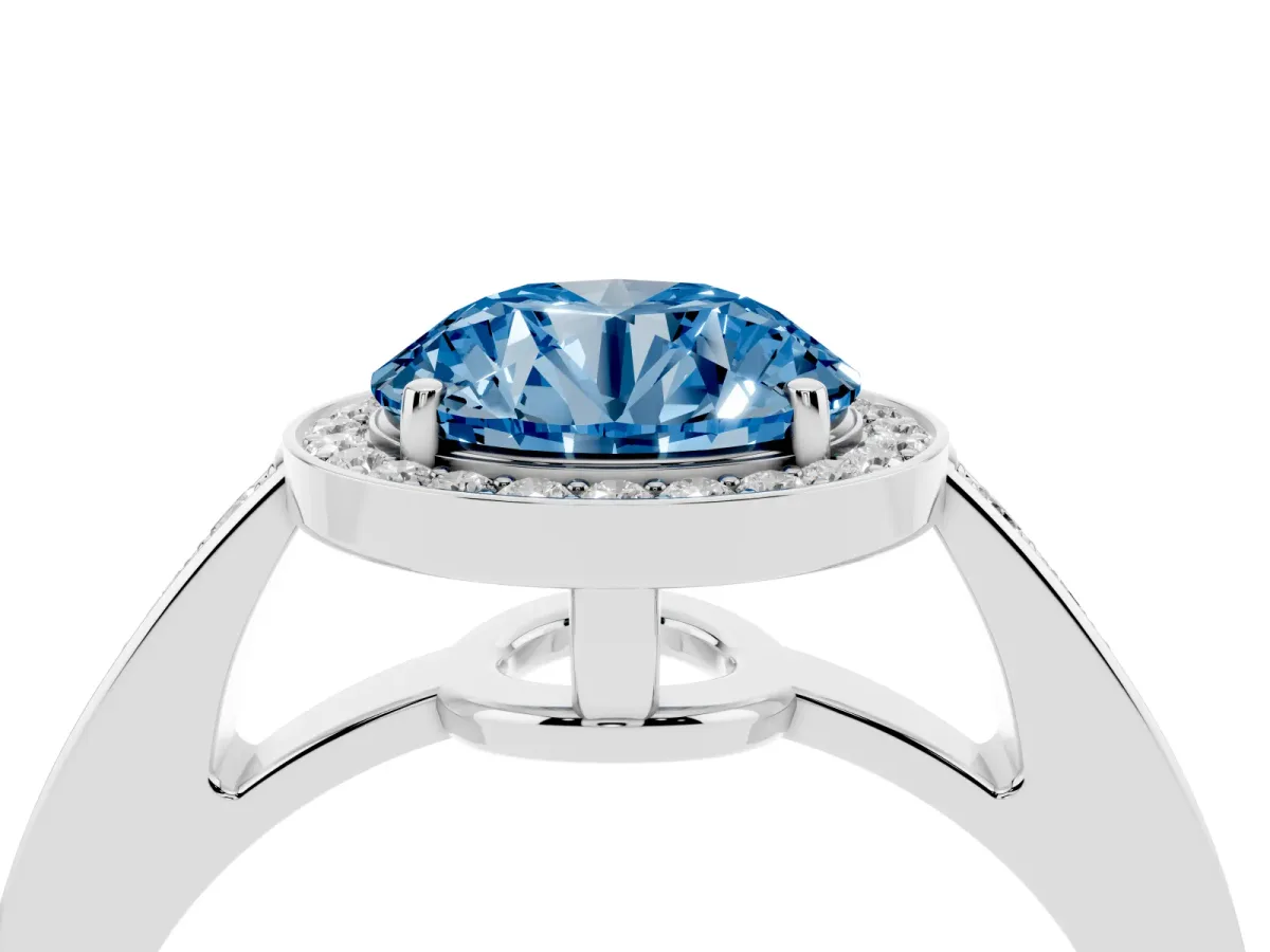 Fancy Blue Round Cut Halo Pavé Diamond Engagement Ring with Bezel Setting Silver