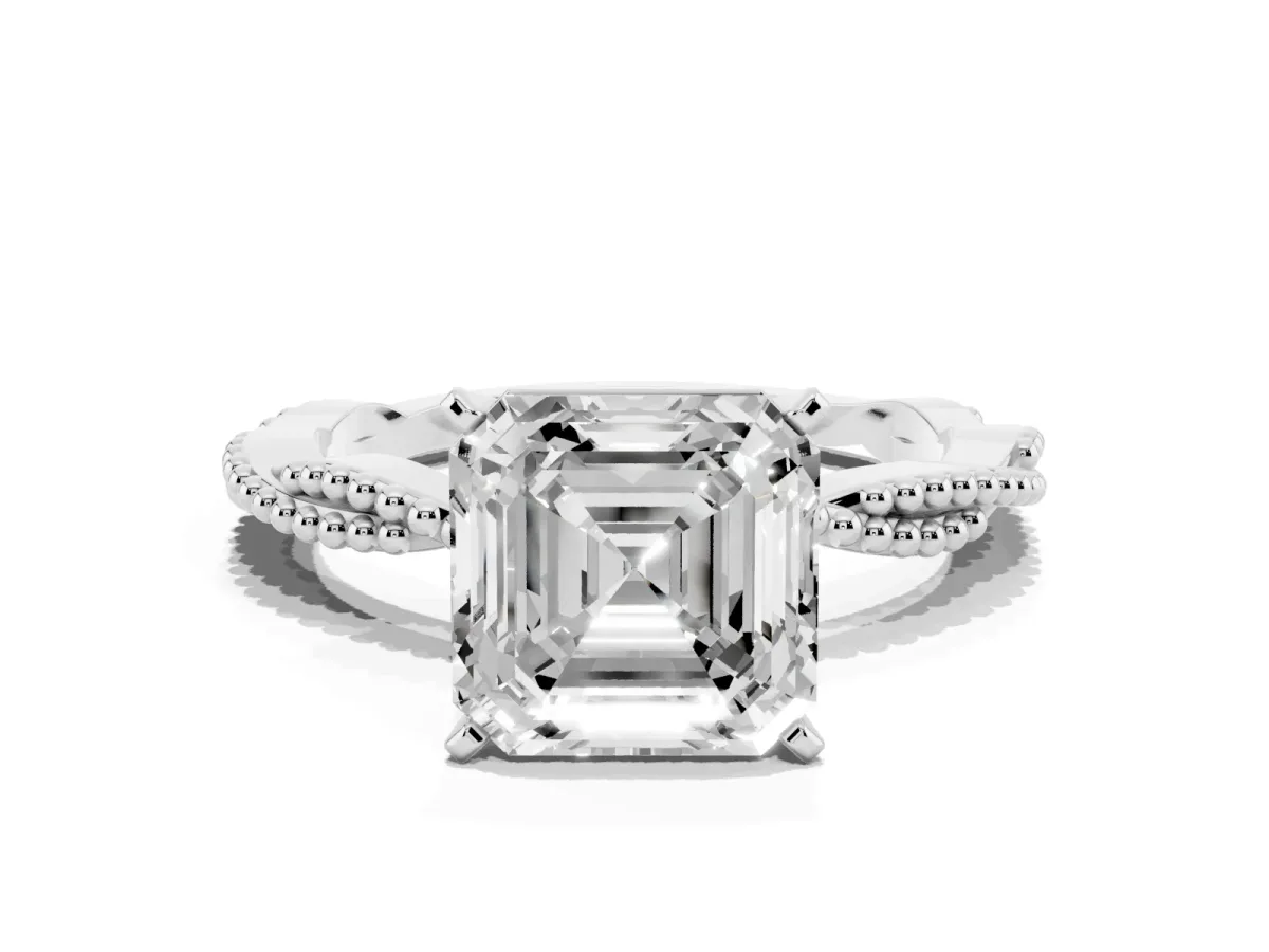 Asscher Cut Solitaire Twisted Band with Bead Prong Setting White gold