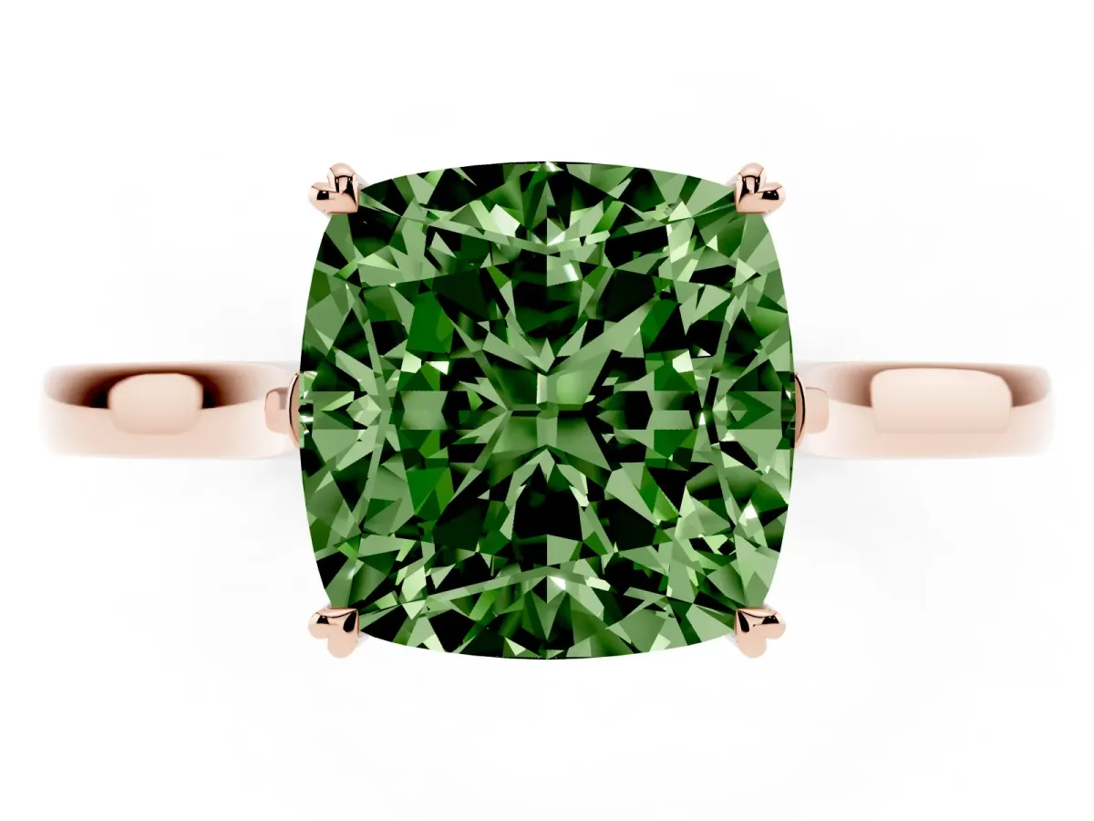 Fancy Green Cushion Cut Solitaire Heart Prong Engagement Ring with Tapered Band Rose gold