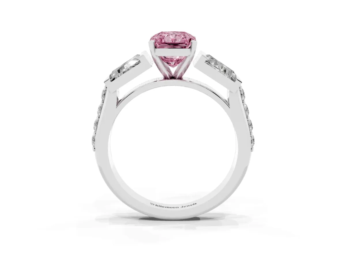 Fancy Pink Radiant Cut Diamond Engagement Ring with Baguette Side Stones and Channel Set Band Platinum